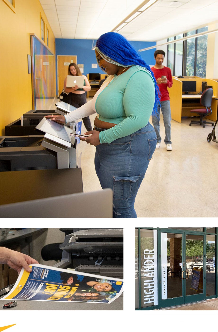 3 image: Student using a printer; hands holding a flyer; front door of Highlander Service Station